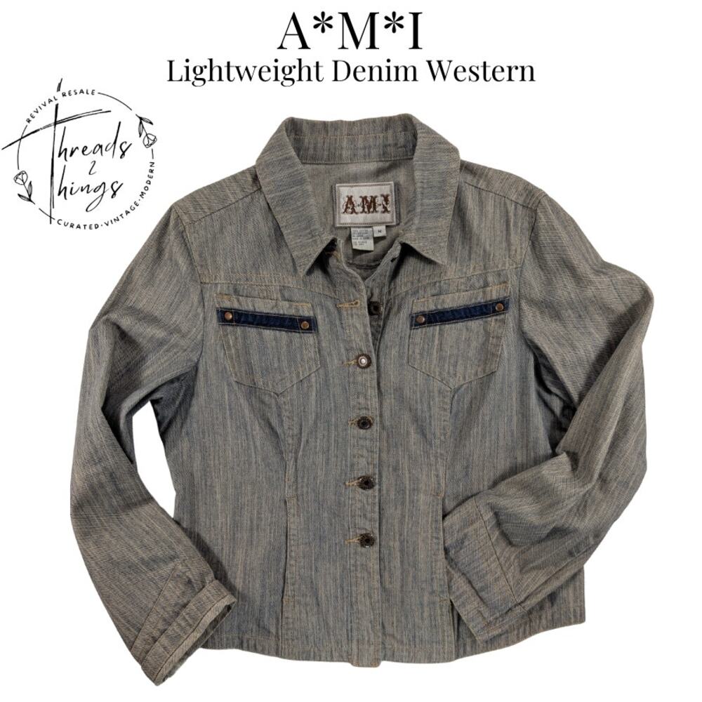 VTG A.M.I. Button-Up Denim Top Women M Denim Rodeo Western Cowboy Country Riding